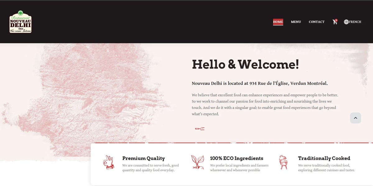 Namastey Delhi restaurant website homepage with welcome message and feature icons for premium quality, ECO ingredients, and traditional cooking