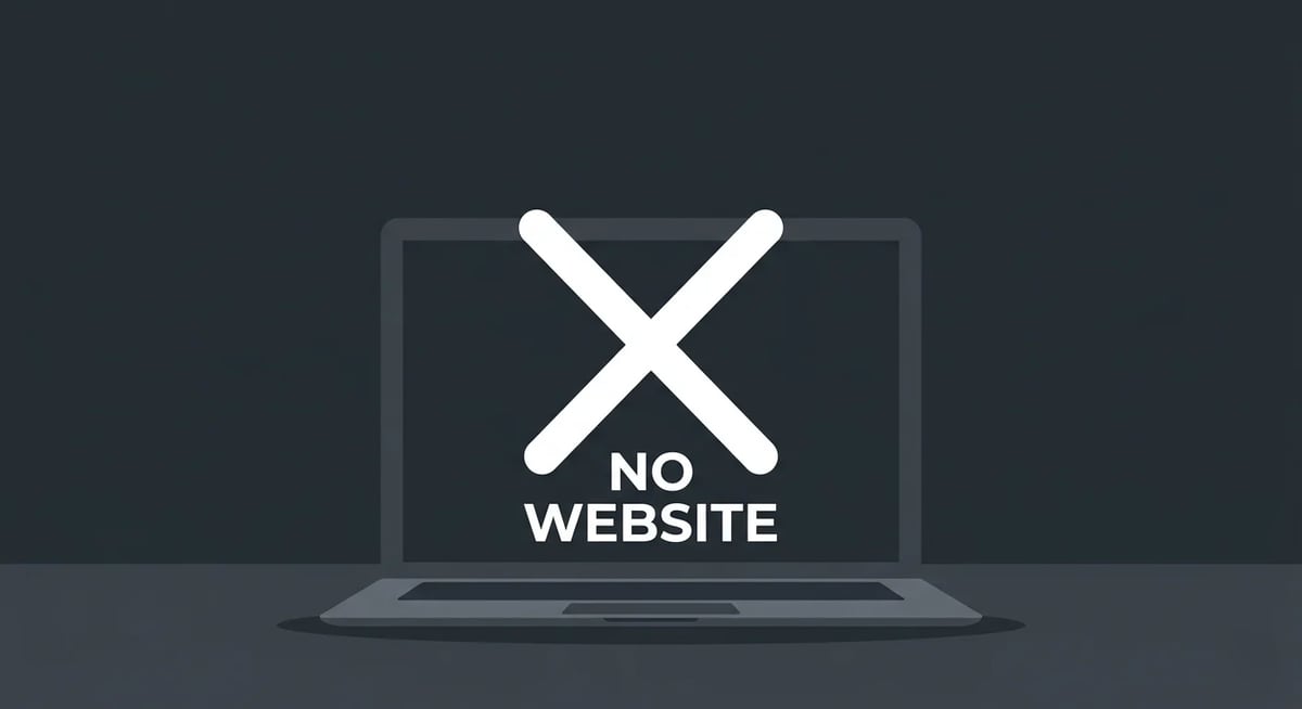 Laptop displaying a large X symbol with NO WEBSITE text below it on a dark background